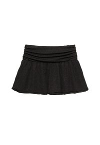 Fekete korcsolyás szoknya puha anyagból, texturált felülettel és finom csillogással. Ráncolt derékpánttal és bővülő alsó szegéllyel rendelkezik.