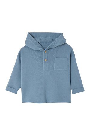Blue knit toddler hoodie with two wooden buttons, rolled cuffs, front pocket, and ribbed collar and hood.