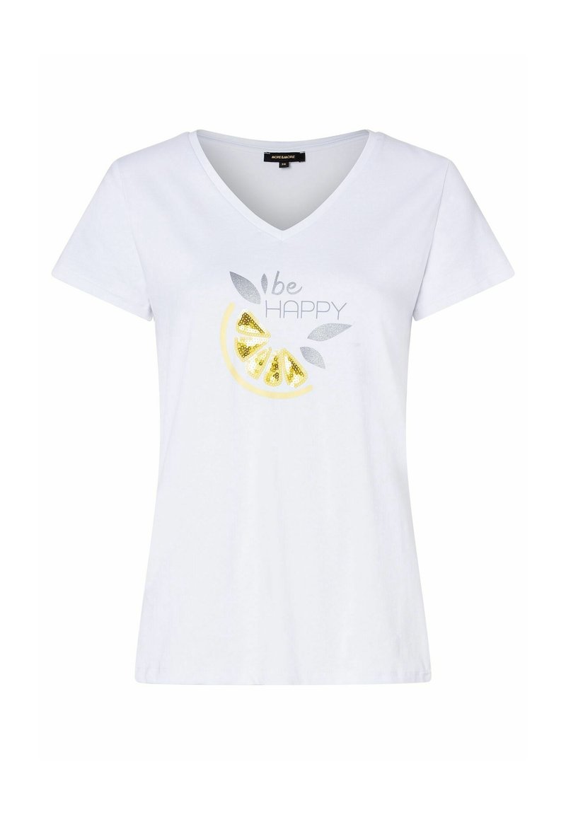 Hvid bomulds V-hals t-shirt med en grafisk illustration af en gul citronskive, sølv tekst og bladdetaljer med ordene "vær GLAD."