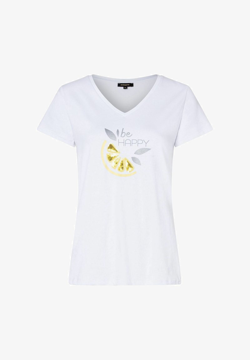 Hvid bomulds V-hals t-shirt med en grafisk illustration af en gul citronskive, sølv tekst og bladdetaljer med ordene "vær GLAD."