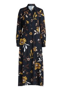 Lång, knäppt klänning i mörkblått tyg med gult och vitt blommönster. Har en krage och långa ärmar, samt en rynkad midja.