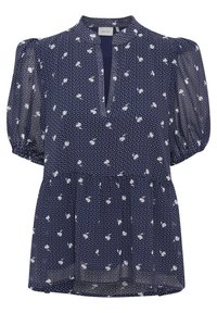 Blusa navy con motivo floreale bianco e pois, dotata di maniche a sbuffo corte e scollo a V. Realizzata in tessuto leggero e trasparente.