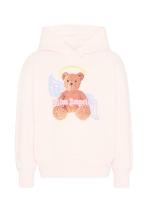 Lichtroze hoodie met een bruine teddybeer die een gele halo en witte engelenvleugels draagt, met de tekst "palm Angels" op de voorkant.