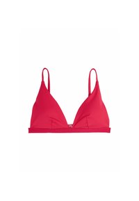 Top bikini a triangolo rosso con spalline regolabili, realizzato in tessuto liscio. Presenta una fascia con logo alla base e ha un design minimalista.