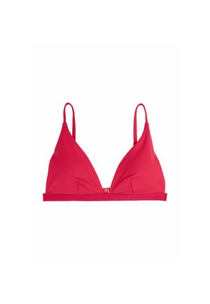 Top bikini a triangolo rosso con spalline regolabili, realizzato in tessuto liscio. Presenta una fascia con logo alla base e ha un design minimalista.