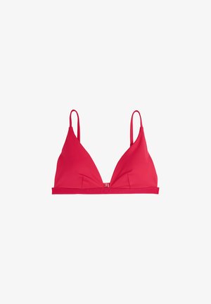 Rode driehoek bikini-top met verstelbare bandjes, gemaakt van gladde stof. Bevat een logoband aan de onderkant en heeft een minimalistisch ontwerp.