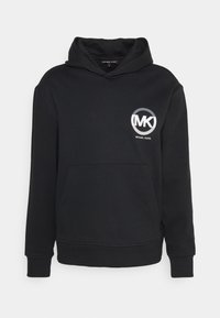 Black hooded sweatshirt made of soft fabric featuring a front pocket and a circular logo with "MK" and "MICHAEL KORS" text.