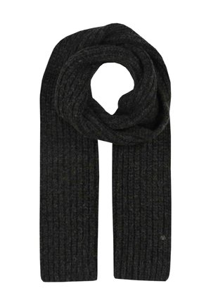 Sciarpa a maglia a coste di un grigio scuro, con un design ad anello per una facile avvolgenza, caratterizzata da una texture morbida e un piccolo logo nella parte inferiore.