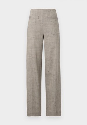Pantalon beige taille haute à jambes droites avec un motif texturé subtil et deux poches passepoilées à l'avant.