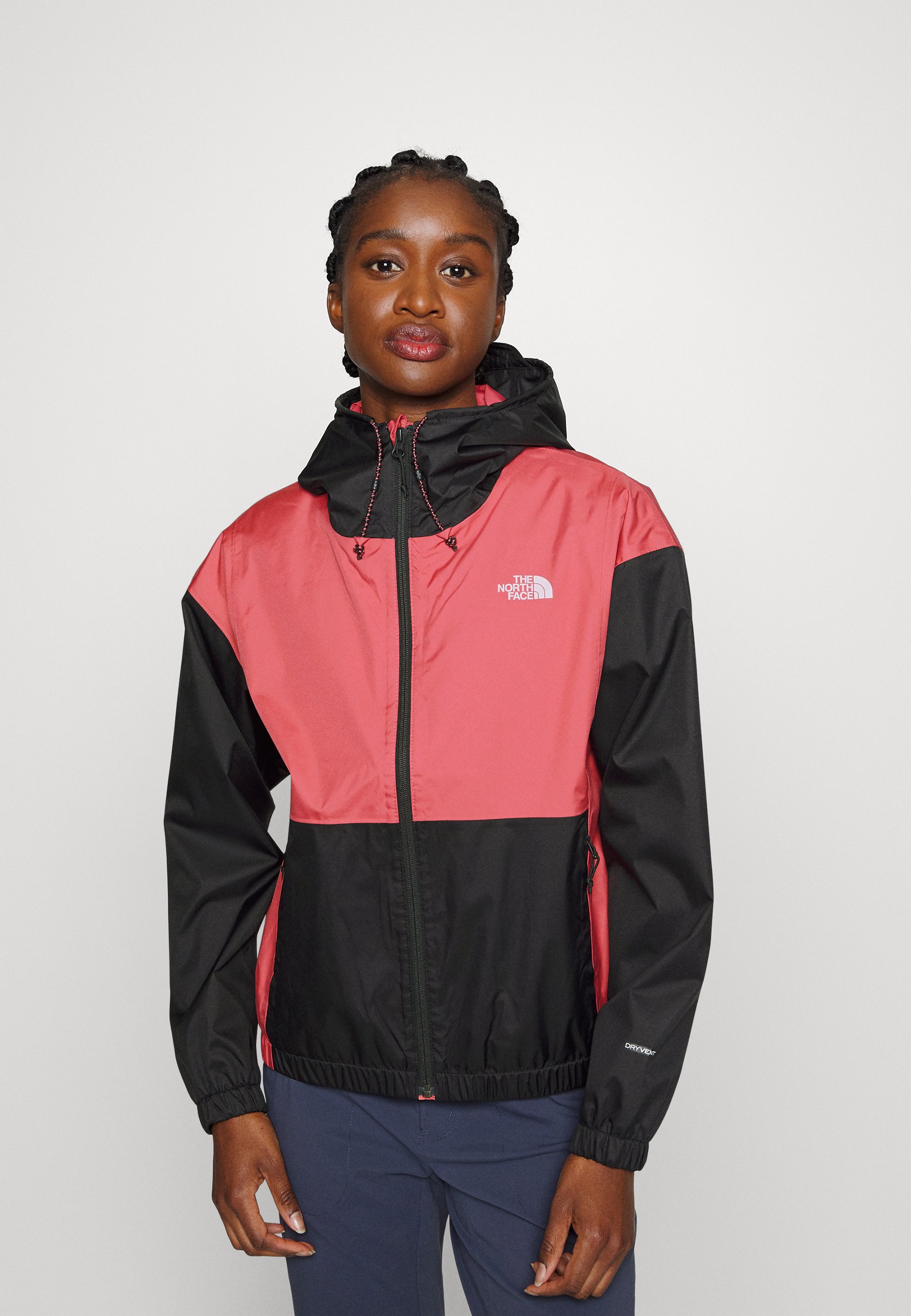 hot pink and black north face jacket