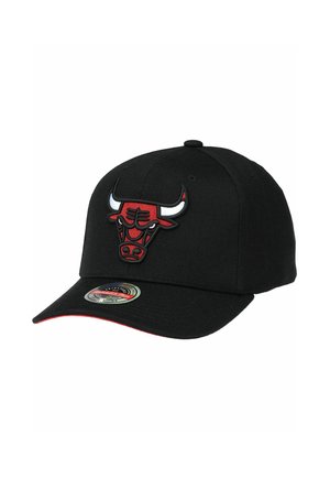 Black baseball cap with a curved brim, featuring a large red and white embroidered bull logo on the front and a small circular tag on the side.