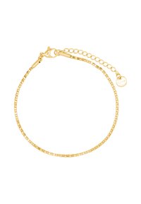 Gouden armband met een delicate kettingontwerp, voorzien van een kreeftsluiting en een verlengkettinkje met een klein bedeltje. Geweven oppervlakte.
