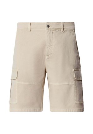 Pantalones cortos cargo beige con trabillas para cinturón, botón frontal, cierre de cremallera, dos bolsillos laterales con solapa y paneles cosidos en las rodillas.