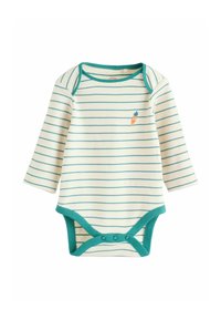 Raidalliset pitkähihainen vauvan body vaaleassa kermassa teal-vivahteilla, jossa on brodeerattu porkkain yksityiskohta ja napitus alareunassa.