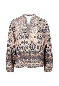 Bluzka z długim rękawem w szarym i pomarańczowym wzorze paisley z motywami diamentów, z dekoltem w serek i elastycznymi mankietami, zapewniająca swobodne dopasowanie.