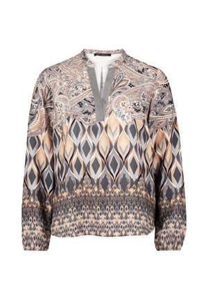 Blouse à manches longues avec un motif paisley gris et orange agrémenté de motifs en diamant, un décolleté en V et des poignets élastiques pour un ajustement décontracté.