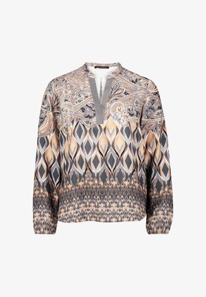 Bluzka z długim rękawem w szarym i pomarańczowym wzorze paisley z motywami diamentów, z dekoltem w serek i elastycznymi mankietami, zapewniająca swobodne dopasowanie.