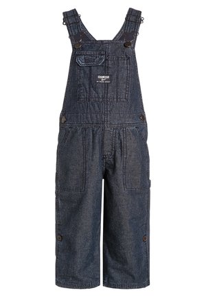 Børns mørkeblå denim overalls-shorts med justerbare skulderstropper, front brystlomme og sideknapper.