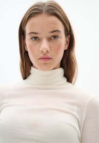 Light beige turtleneck sweater made of sheer, soft fabric, featuring a fitted design and a smooth texture with subtle variations in color.