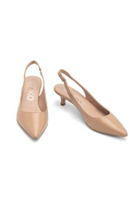 Décolleté beige con cinturino posteriore, dalla punta affusolata, realizzate in pelle liscia. Presentano un tacco a kitten basso e un design con tagli per una maggiore traspirabilità.