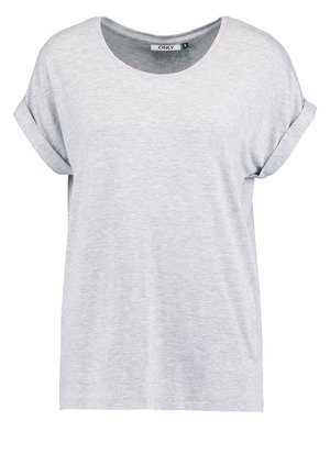 Jasnoszara, krótki rękaw, t-shirt z okrągłym dekoltem i podwiniętymi mankietami, wykonany z miękkiego materiału, charakteryzujący się luźnym krojem i minimalistycznym designem.