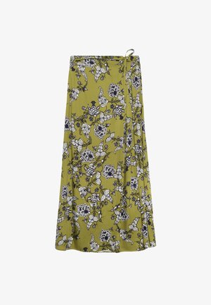 Gonna avvolgente floreale in tessuto verde oliva, con motivi di fiori bianchi e blu navy, con chiusura a fiocco in vita e una silhouette fluida.