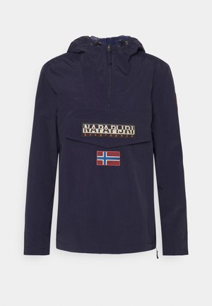 Navy windbreaker with a hood, front pocket, and logo text. Features a Norwegian flag patch and drawstring accents at the collar and hem.