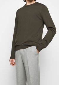 Uomo che indossa un maglione a maniche lunghe verde oliva e pantaloni plissettati grigio chiaro, in piedi con una mano in tasca.