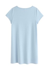 Hellblaues T-Shirt-Kleid mit kurzen Ärmeln aus weicher Baumwolle, ausgestattet mit einem Rundhalsausschnitt und einem entspannten Schnitt in glatter Textur.