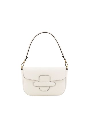 White leather handbag with a curved handle, structured shape, and a front flap featuring a prominent overlapping strap detail. Gold-toned hardware accents.