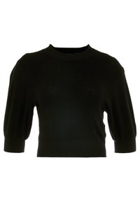 Černý pletený krátký svetr s kulatým výstřihem, nafouknutými krátkými rukávy a žebrovaným lemem. Hladká textura s přiléhavým střihem.