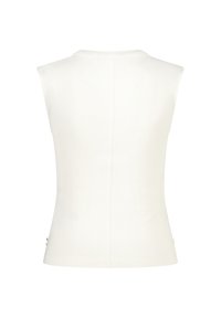 White sleeveless top with a ribbed texture, featuring a round neckline and a straight hem. Includes side detailing near the bottom.