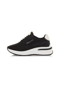 Schwarze Sportschuhe mit strukturierter Oberseite, weißer Zwischensohle und schwarzer Sohle. Verfügt über Schnürsenkel, einen goldenen Logo-Akzent und ein kontrastierendes Fersendetail.