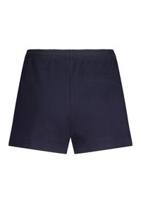 Navy blue shorts with a smooth texture, elastic waistband, and a single back pocket. Features a straight cut and folded hem.