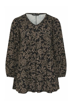 Schwarze Langarmbluse mit beigem Blumenmuster, V-Ausschnitt und gerafften Bündchen, mit lockerem, fließendem Schnitt.