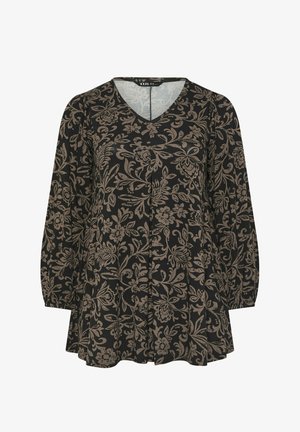 Zwarte blouse met lange mouwen, beige bloemenpatroon, V-hals en geplooide manchetten, met een losse, vloeiende pasvorm.