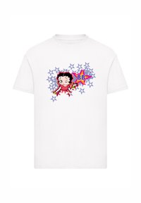 White cotton t-shirt featuring a cartoon character design with stars. The design includes multicolored accents and bold outlines.