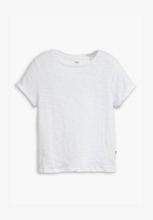 Weißes T-Shirt mit kurzen Ärmeln aus leichtem Baumwollstoff, mit rundem Halsausschnitt, leicht boxy Form und einem kleinen roten Logotag am Saum.