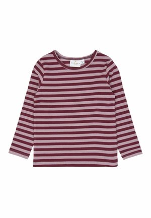 Langærmet crewneck-shirt med horisontale vinrøde og lyserøde striber, ribbet stoftekstur, lagt fladt.