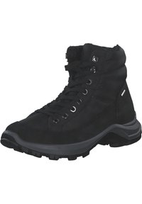 Schwarze hoch geschnittene Wanderschuhe aus Wildleder und Stoff, mit runden Schnürsenkeln, Metallösen und einer robusten Gummisohle mit tiefen Profilen.