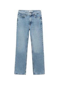 Jean bleu clair à taille haute, jambes droites, avec bouton et fermeture éclair à l'avant, poches avant et arrière, et passants pour ceinture.