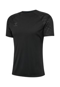 Camiseta deportiva negra de manga corta para hombre con hombros sutilmente estampados y logo de hummel en el pecho izquierdo.
