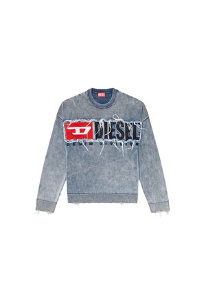Lichtblauwe denim sweatshirt met geribde manchetten en halslijn, met verwerkte details en een contrasterend rood en zwart DIESEL-logo.