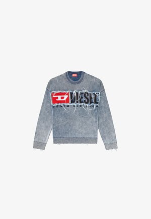 Lichtblauwe denim sweatshirt met geribde manchetten en halslijn, met verwerkte details en een contrasterend rood en zwart DIESEL-logo.
