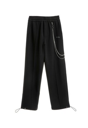 Pantalones negros de pierna ancha con cintura elástica, bolsillos delanteros, detalle de cadena metálica en el lado derecho y cordones ajustables en los bajos.