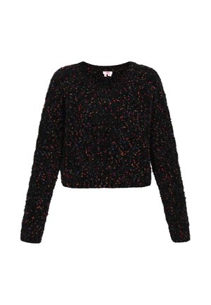 Pulover scurt de culoare neagră, cu un tricot texturat care are stropi multicolori, mâneci lungi și un decolteu larg în formă de cerc. Fără închideri sau buzunare.