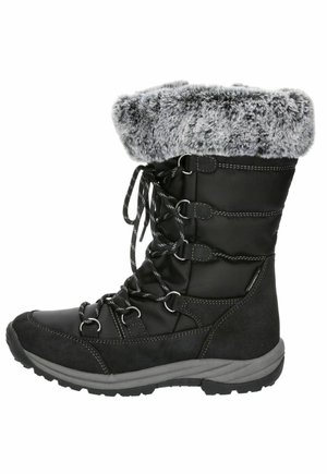 Schwarze wasserdichte Winterstiefel mit Kunstfellsaum, Obermaterial aus Textil und Wildleder, Schnürverschluss und strapazierfähiger Gummisohle.
