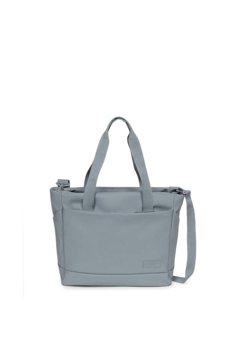 Borsa tote grigia realizzata in materiale liscio e resistente. Caratterizzata da due manici superiori, una tracolla regolabile e una chiusura con zip.