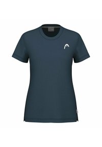 Camiseta de manga corta en azul marino hecha de material suave, con un cuello redondo y un pequeño logo blanco en el pecho.