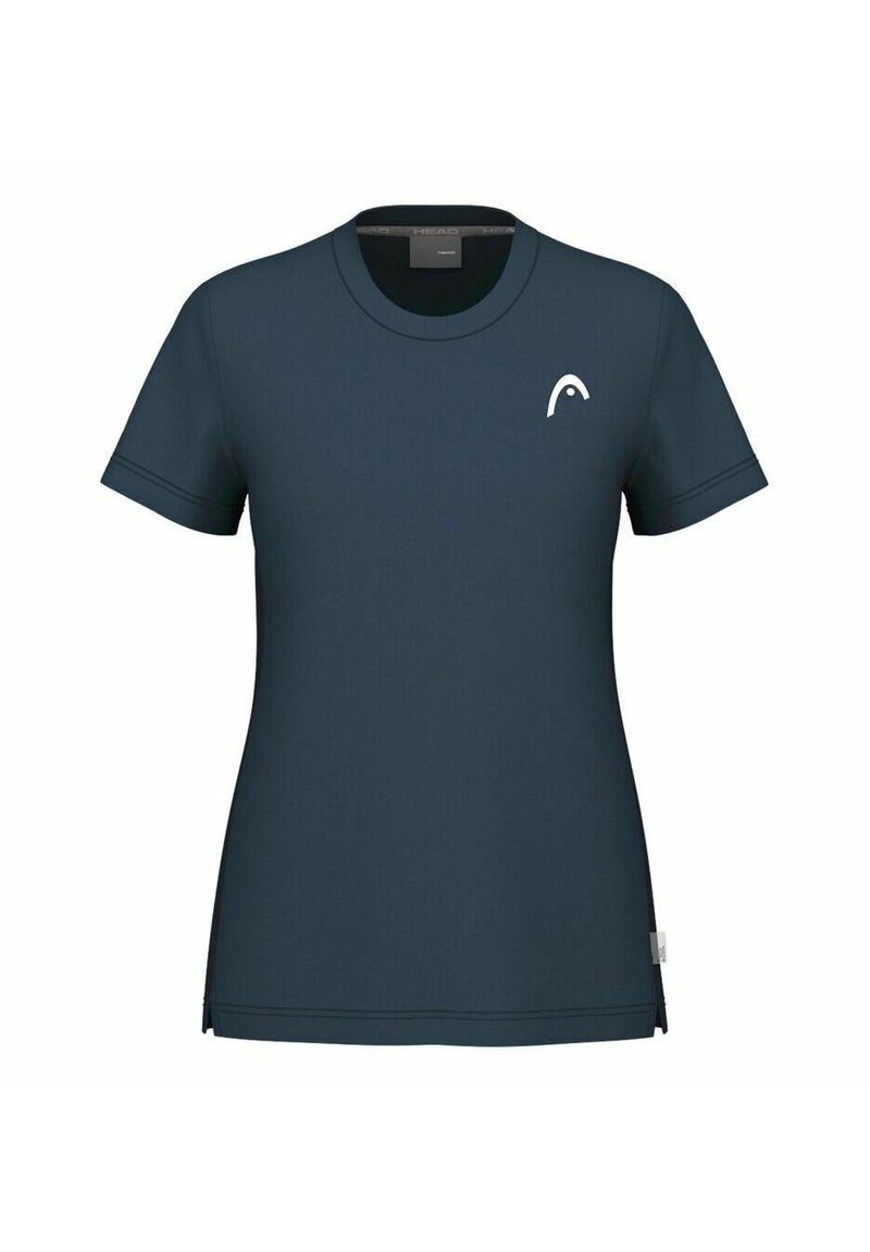Camiseta de manga corta en azul marino hecha de material suave, con un cuello redondo y un pequeño logo blanco en el pecho.